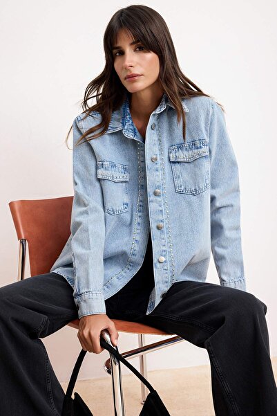 Trendyol Collection Svetloplava Troc detaljna regularna 100% pamučna oversize...