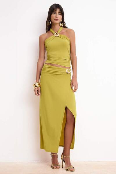 Trendyol Collection Oil Green Knitted Accessory Detail Party Bluz Skirt Top a...