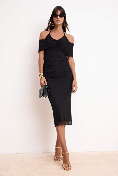 Trendyol Collection Μαύρο φόρεμα πάρτι από τούλι με ντραπέ και μίντι επένδυση...