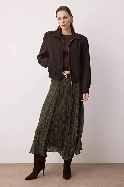 Trendyol Collection Хаки-кафява карирана шифонна асиметрична пола с ефект на ...