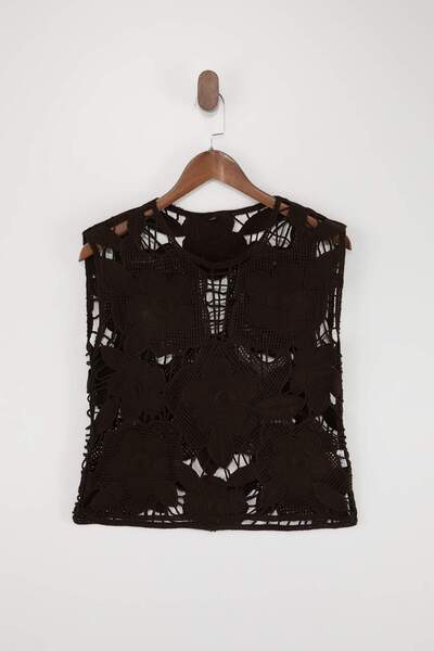 Trendyol Collection Smeđa cvetna heklana bluza sa detaljima, tanka pletena od...