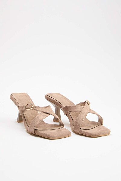 TRENDYOL SHOES Papuci cu toc de 7 cm pentru femei, din piele intoarsa de nurc...