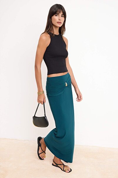 Trendyol Collection Fusta maxi tricotată elastică, verde smarald, cu detalii ...