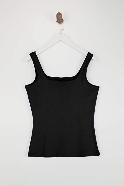 Trendyol Curve Black Square Collar Strap Soft Buttoned Basic Knitted Plus Siz...