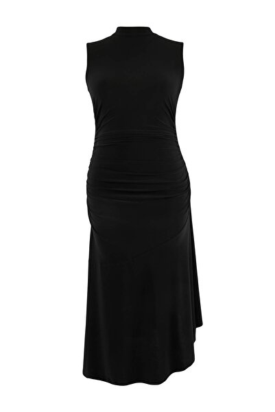 Trendyol Curve Crna večernja haljina sa volanima, pletena, elegantna, veće ve...