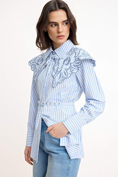 Trendyol Modest Blue Regular Terrycotton Striped Woven Embroidered Collar Det...