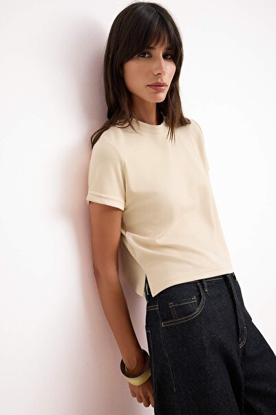 Trendyol Collection Stone Plain Regular Rundhalsausschnitt, kurze Ärmel, Soft...