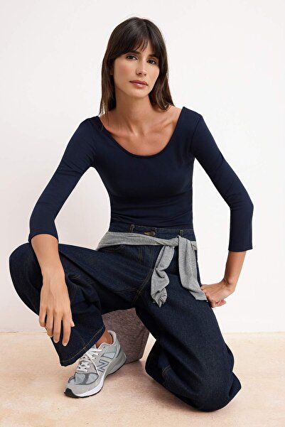 Trendyol Collection Navy Blue Fitted Pool Neckline Three Quarter Sleeve Inter...