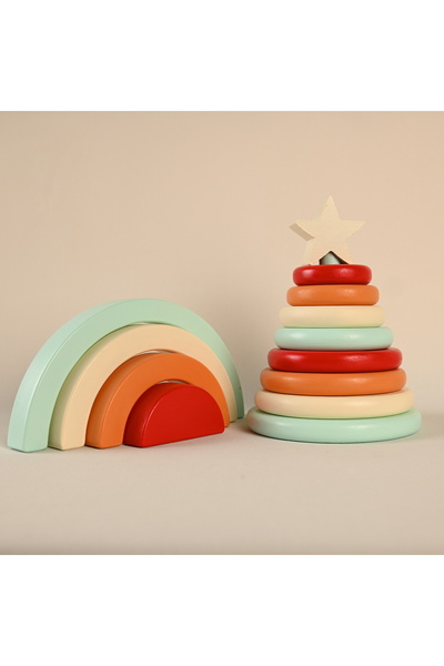 Zyt Tasarım Montessori 8-Piece Ring Tower Waldorf 4-Piece Rainbow Set Wooden ...