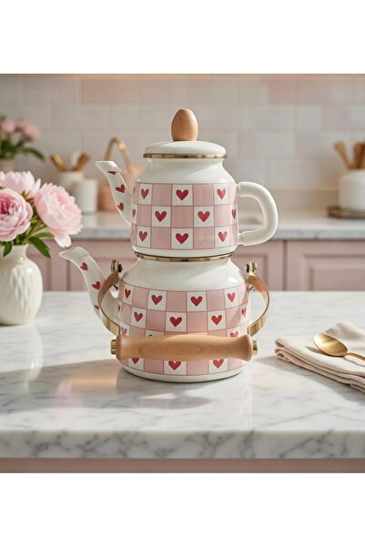 ALEV EMAYE Kalp Desenli Emaye Çaydanlık Takımı 2,5 Lt Alt Suluk 1 Lt Demlik E...