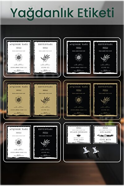 BÜYÜLÜ HOME Yağdanlık ve Sabunluk Etiketleri ve 2 Tıpa Ayçiçek Yağı Zeytinyağ...