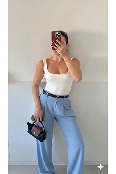 H&A İSTANBUL Women's Baby Blue Pocketed Pleated High Waist Fabric Palazzo Pants