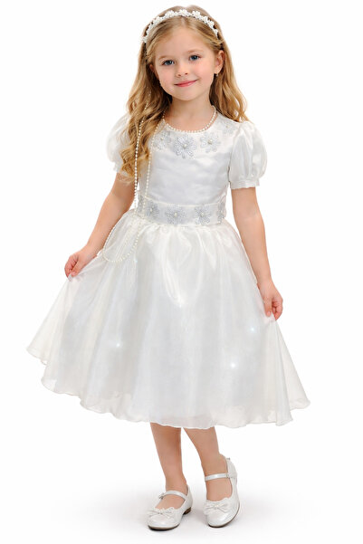 FASHION White Satin and Tulle Dress with Silver Floral Sash
