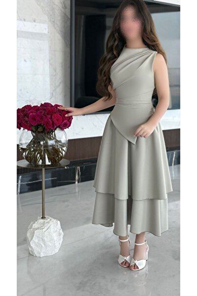 zelia فستان زيتوني أنيق بطبقات متدفقة