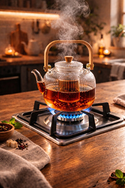 ECO KİTCHEN Bambu Saplı Cam Süzgeçli Cam Çay ve Bitki Çayı Demliği 800 ml (Is...