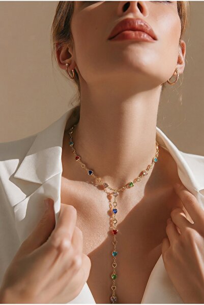 MİLUNXTE Yeni Sezon Kalpli Çelik Y Kolye Luxury Y Kolye Renkli Taşlı Sarkıt K...