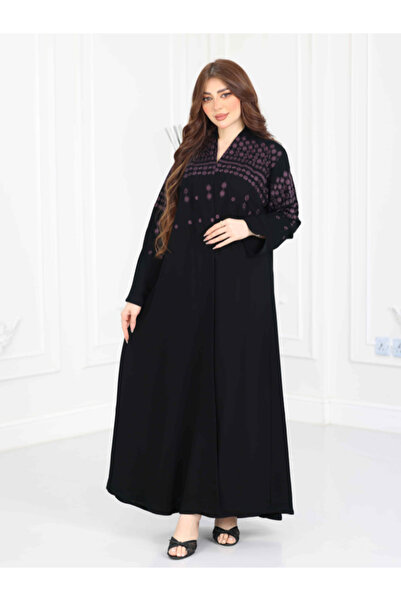 Nice Model Ramadan Purple Embroidered Abaya Luxurious Black Modest Gown Elega...