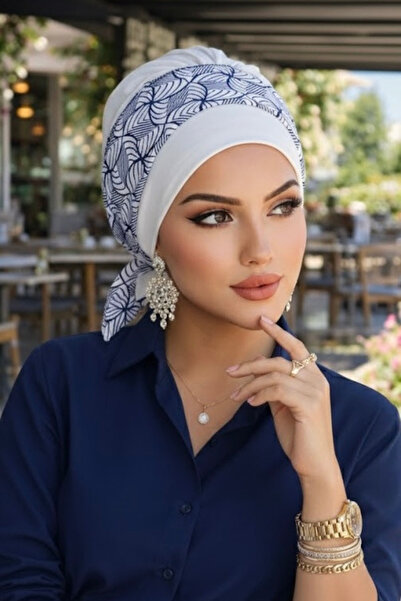 Aişe tesettür Λευκό καπέλο με σπειροειδή σχέδιο με κορδόνια