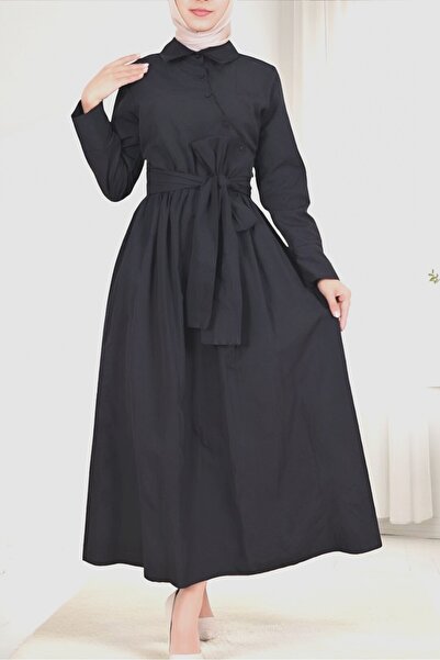 Modamorfo Φόρεμα με γιακά πουκάμισο με δεμένη μέση με σταυρωτά κουμπιά - Μαύρο