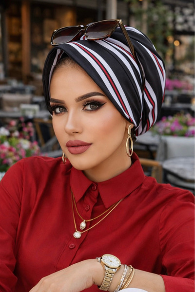 Aişe tesettür Boja kosti crna crvena Prugasto šešir