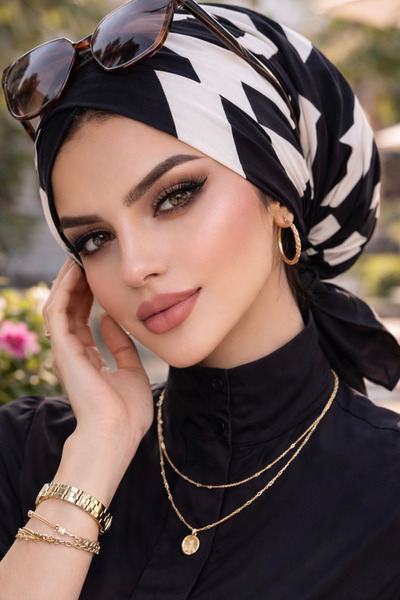 Aişe tesettür Black and White Pattern Cross Bonnet