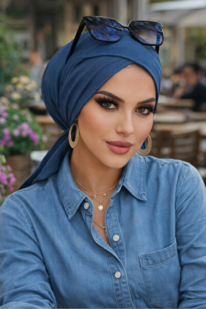 Aişe tesettür غطاء رأس متقاطع باللون النيلي الداكن