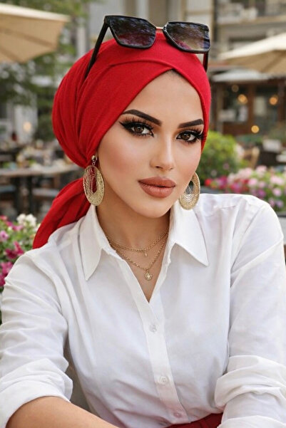 Aişe tesettür غطاء رأس بأشرطة متقاطعة باللون الأحمر