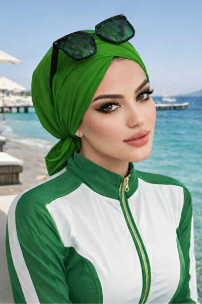 Aişe tesettür Yeşil Çapraz Bone / Deniz - Havuz Bonesi