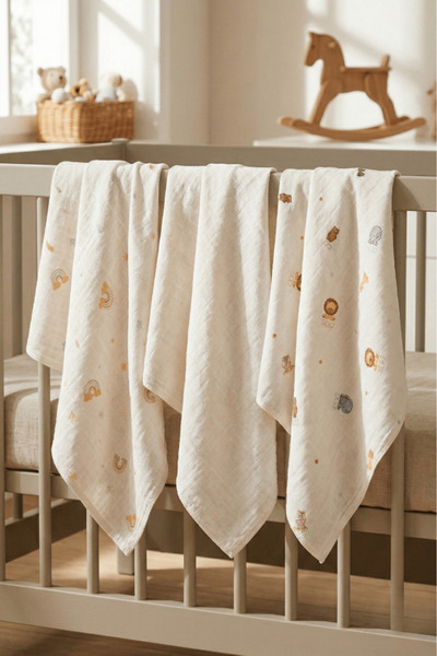 LUCKKA Little Organic's | 3’lü %100 Organik Pamuk Müslin Örtü - Battaniye Seti 75x80 cm | Oeko-tex | Gots -