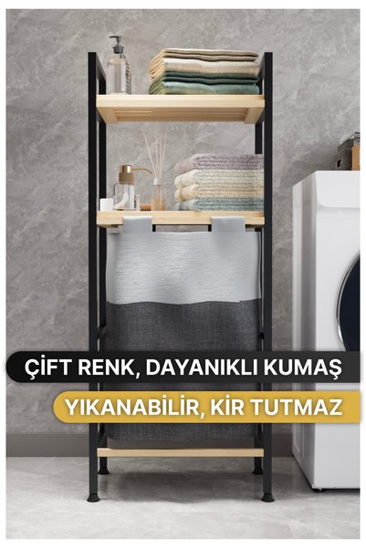 Bino Çamaşır Sepeti Ahşap Raflı Kirli Sepeti 2 Katlı Büyük Boy Kapaklı Çok Amaçlı Banyo Düzenleyici