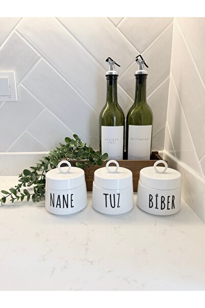 Sade Hediye 3-Piece Porcelain Spice Rack Wooden Box Eucalyptus Artificial Flo...