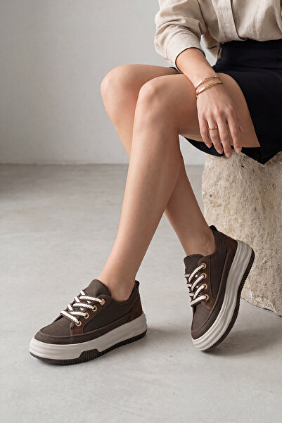 Marjin Women's High Thick Sole Sneakers Lace-Up Sports Shoes Hesna Brown Linen