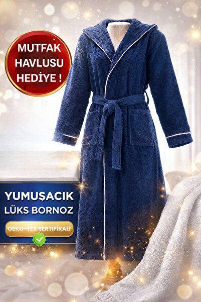 Layvera Men-Women Navy Blue Bathrobe |   100% Cotton- Hooded - Piped -With Po...