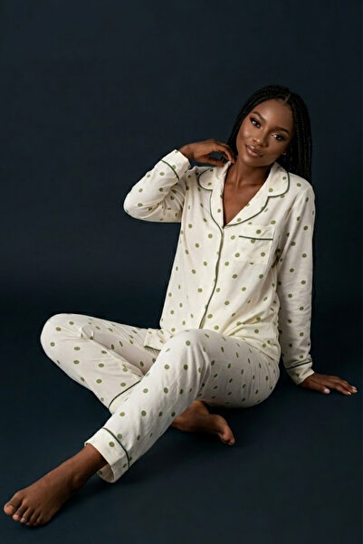 DOFİ Дамски комплект пижама с копчета и точки за лятото - Екру