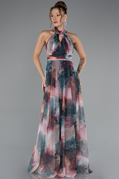 Abiyefon Soğan Kabuğu Uzun Çiçekli Abiye Elbise Abu674