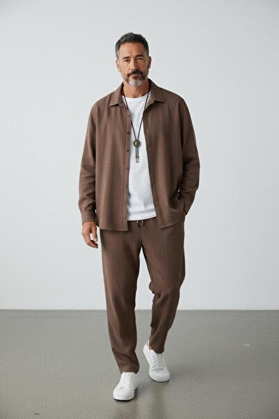 Altamira Ανδρικό καφέ βαμβακερό υφαντό πουκάμισο με μακρυμάνικο παντελόνι με ...
