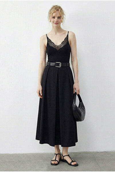 Bianco Lucci Women's Pleated Detailed Midi Length Belt Piece Skirt 0856 60283958