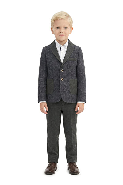 Micio بدلة بنطلون أنثراسيت للأولاد باللون الأزرق الداكن مع جيب وطية صدر الستر...