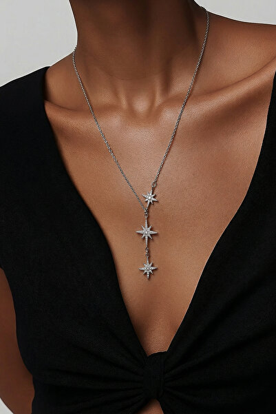 Trend Alaçatı Stili طقم نسائي من 3 قطع من حجر الزركون الفضي مع قلادة على شكل ...