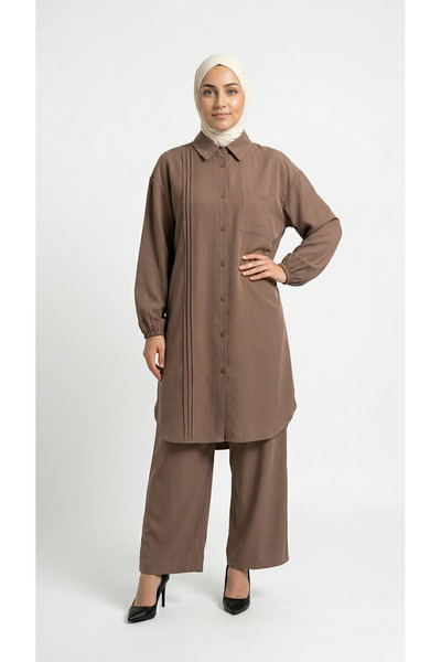 MİHRA STORE Σετ πουκάμισο με μία τσέπη και μακρύ παντελόνι Akel - MF603 Mink