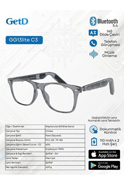 Get D GETD GG13liteC3 Akıllı Gözlük – Çeviri, Müzik ve Arama Özellikli Blueto...