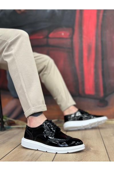 BOA BA0003 Klasične crno-bede cipele sa vezicama od lakirane kože Visok đon L...