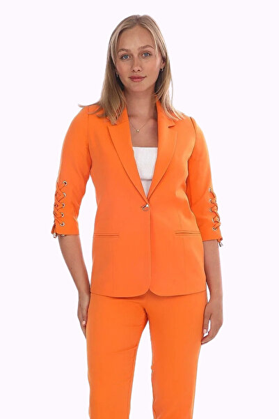 WHİTE DİAMOND Kadın Orange 3/4 Kol Kuşgözü Detaylı Blazer Ceket Pantolon Takım
