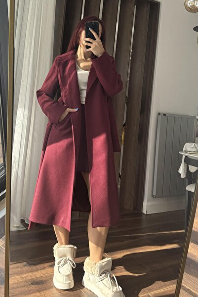 Raneel Kazançlı Alışveriş Women's soft belted Melton burgundy