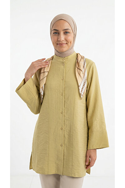 MİHRA STORE Aymira Omzu Fularlı Kol Ucu Düğmeli Hakim Yaka Gömlek-ŞA1193 Sarı
