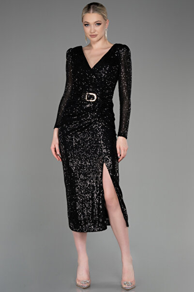 Abiyefon Siyah Uzun Kol Yırtmaçlı Pullu Midi Davet Elbisesi ABK1808