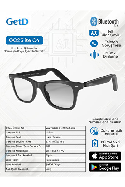 Get D GETD GG23liteC4 Akıllı Gözlük – Çeviri, Müzik ve Arama Özellikli Blueto...