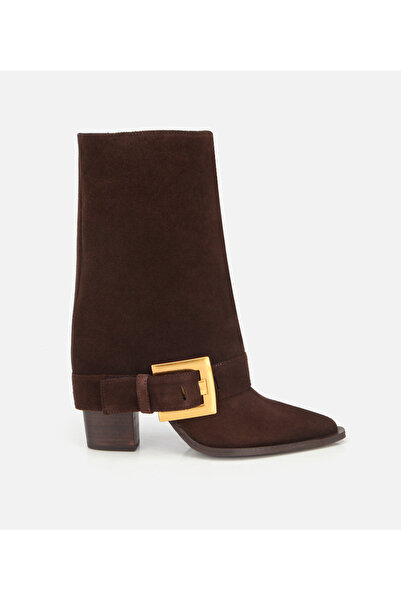 Hotiç Kadın Süet Deri Kahverengi Pantolon Görünümlü Gold Tokalı Topuklu Bot