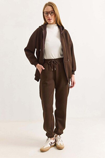 Raneel Kazançlı Alışveriş Women's Brushed Inside brown three-thread tracksuit...