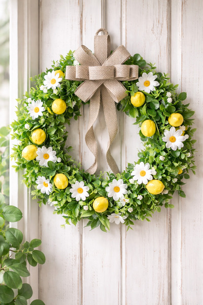 TASARİMECRN Limonlu Papatyalı Kapı Süsü – Rustik Fiyonklu Bahar Çelengi | Mut...